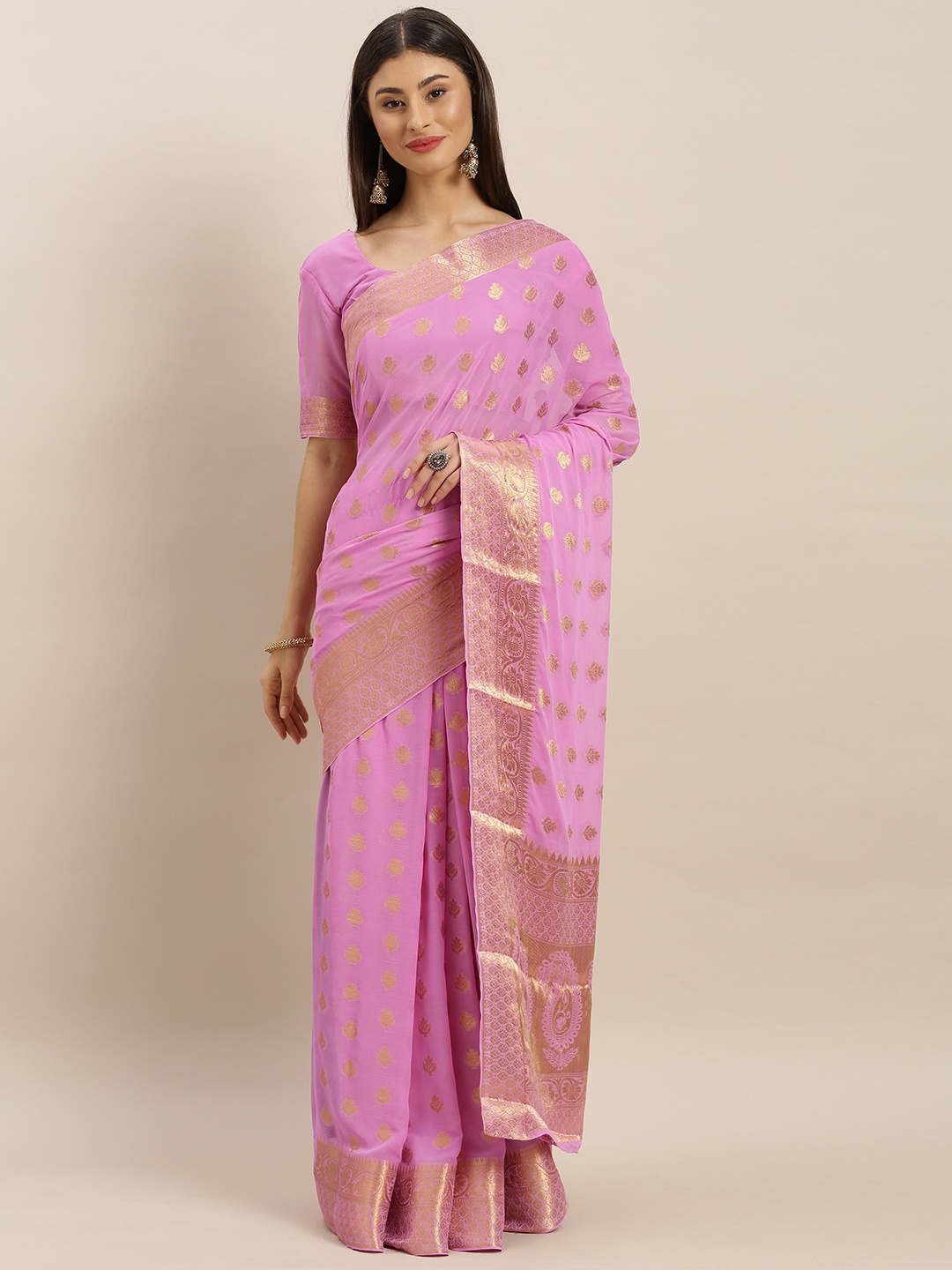 

MIMOSA Pink & Gold-Toned Poly Chiffon Woven Design Banarasi Saree