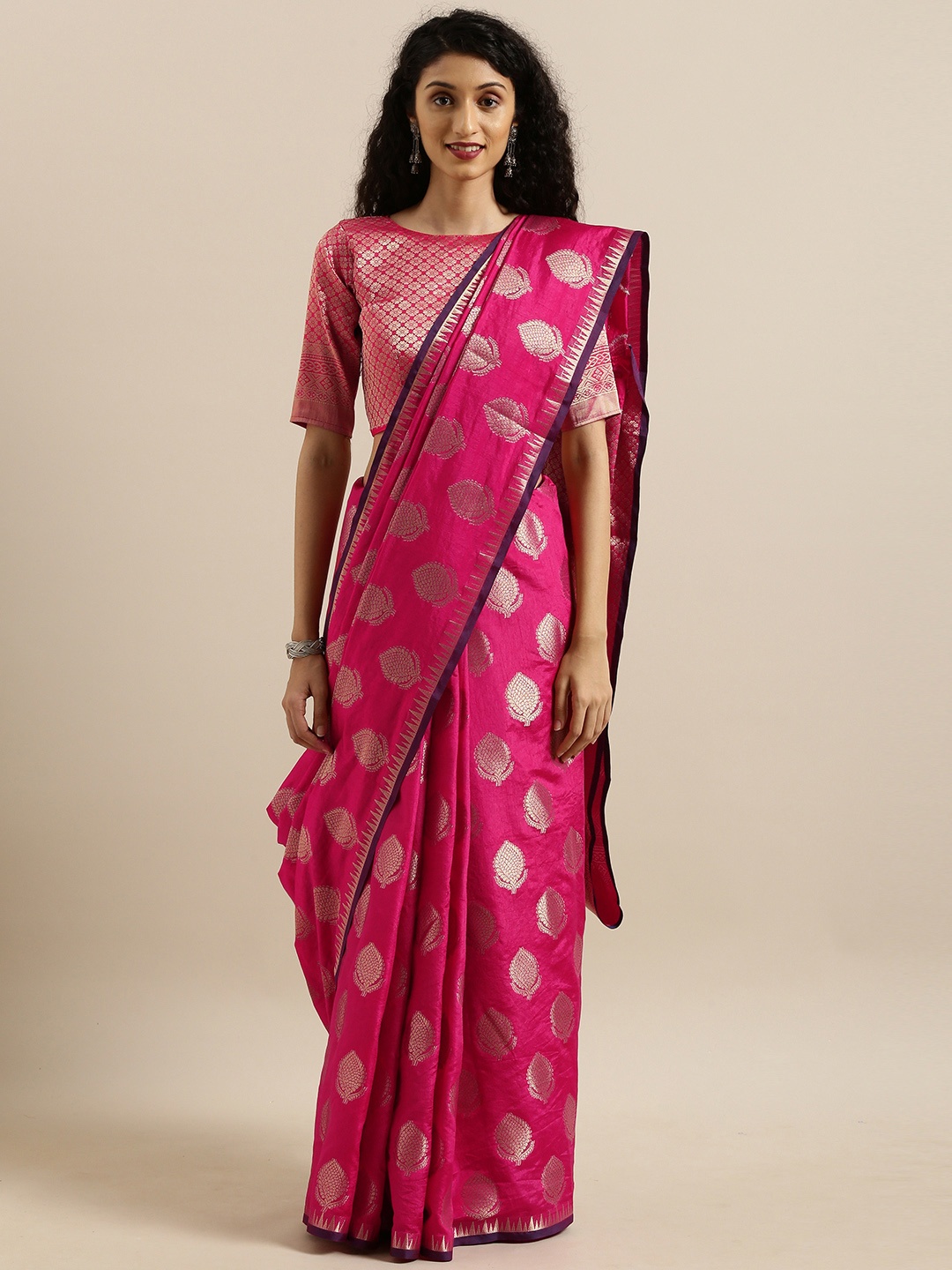 

MIMOSA Pink & Silver-Toned Art Silk Woven Design Kanjeevaram Saree