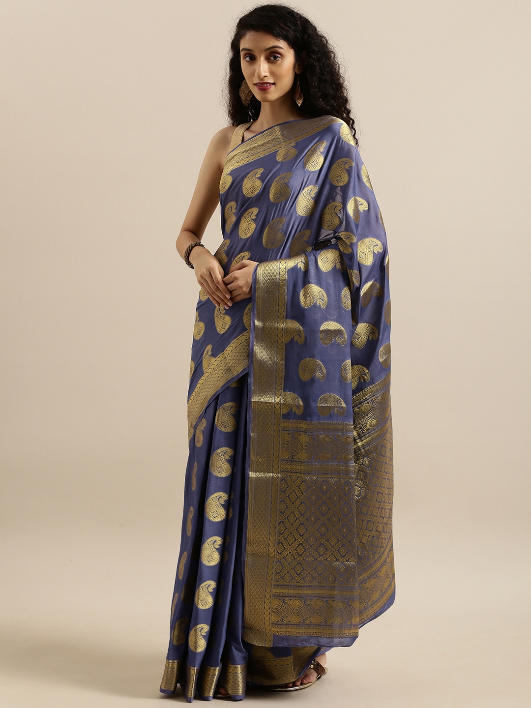 

MIMOSA Blue & Gold-Toned Poly Crepe Embroidered Mysore Silk Saree