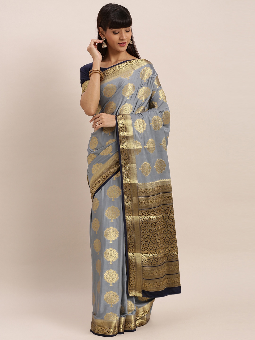 MIMOSA Grey & Gold-Coloured Poly Crepe Woven Design Mysore Silk Saree