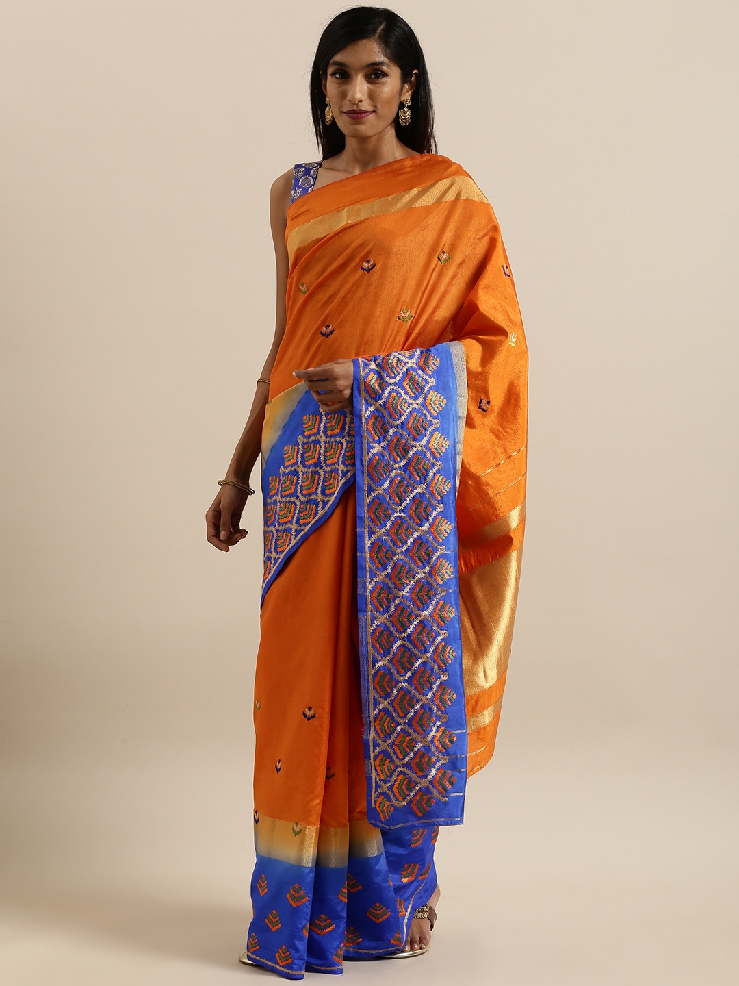 

MIMOSA Orange & Blue Art Silk Embroidered Kanjeevaram Saree