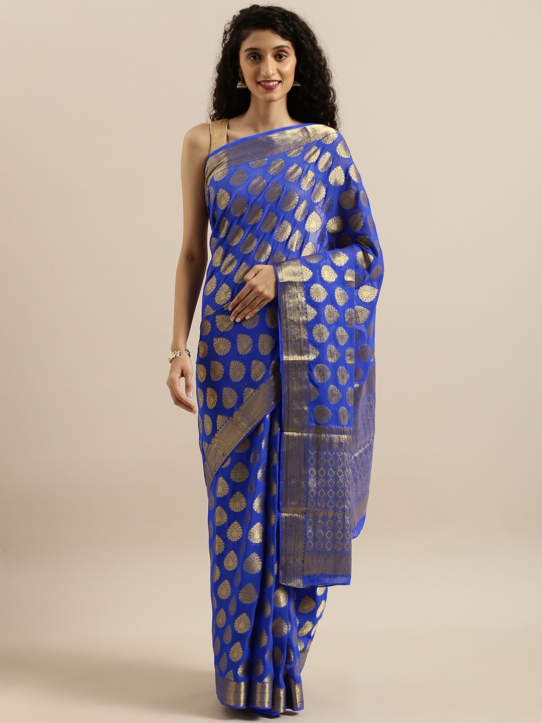 

MIMOSA Blue & Gold-Toned Poly Chiffon Woven Design Banarasi Saree