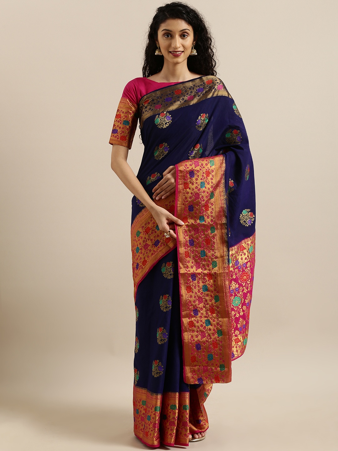 

MIMOSA Navy Blue & Gold-Toned Art Silk Woven Design Dharmavaram Saree