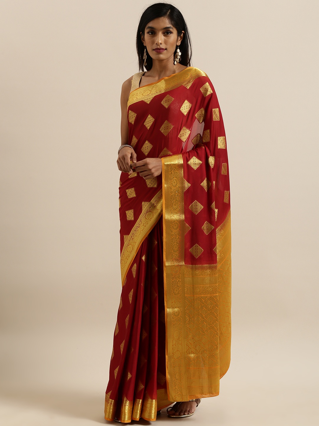 MIMOSA Maroon & Gold-Toned Poly Crepe Woven Design Mysore Silk Saree