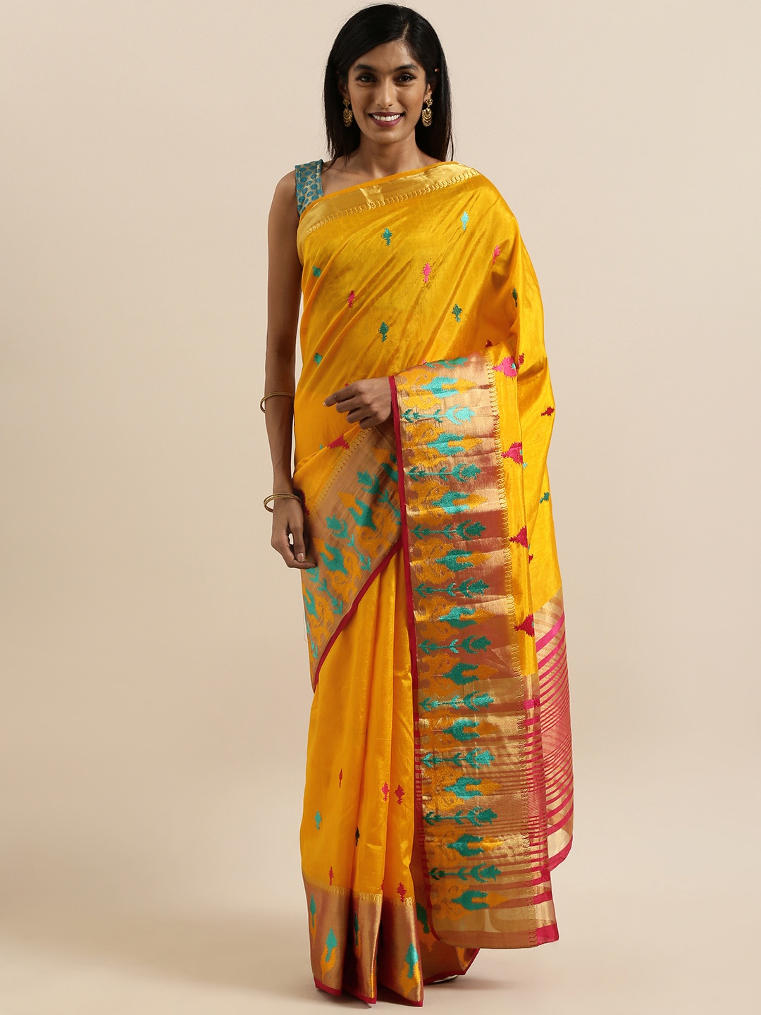 

MIMOSA Mustard Yellow & Pink Art Silk Woven Design Kanjeevaram Saree