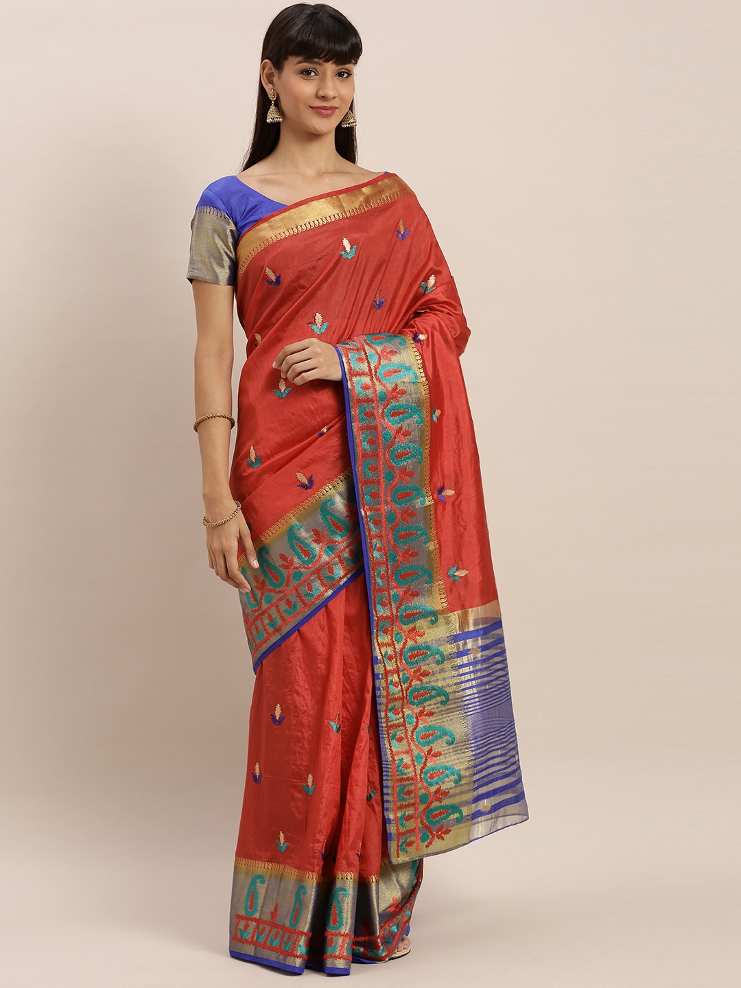 

MIMOSA Red & Blue Art Silk Embroidered Kanjeevaram Saree
