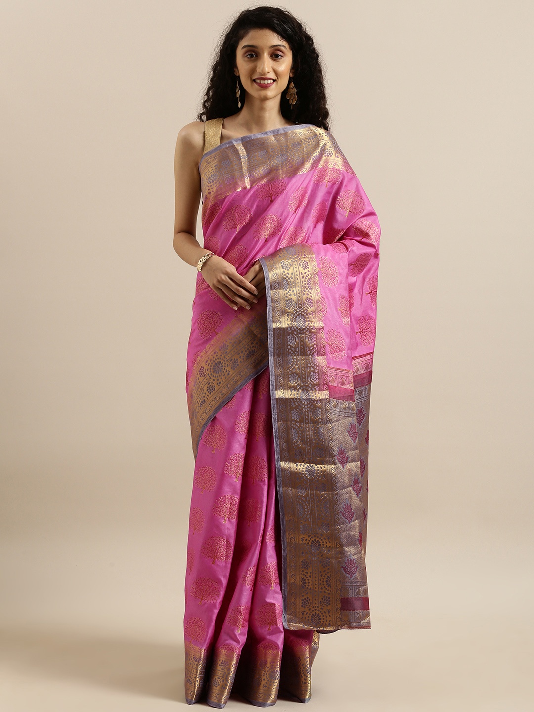 

MIMOSA Pink & Gold-Toned Art Silk Embellished Kanjeevaram Saree