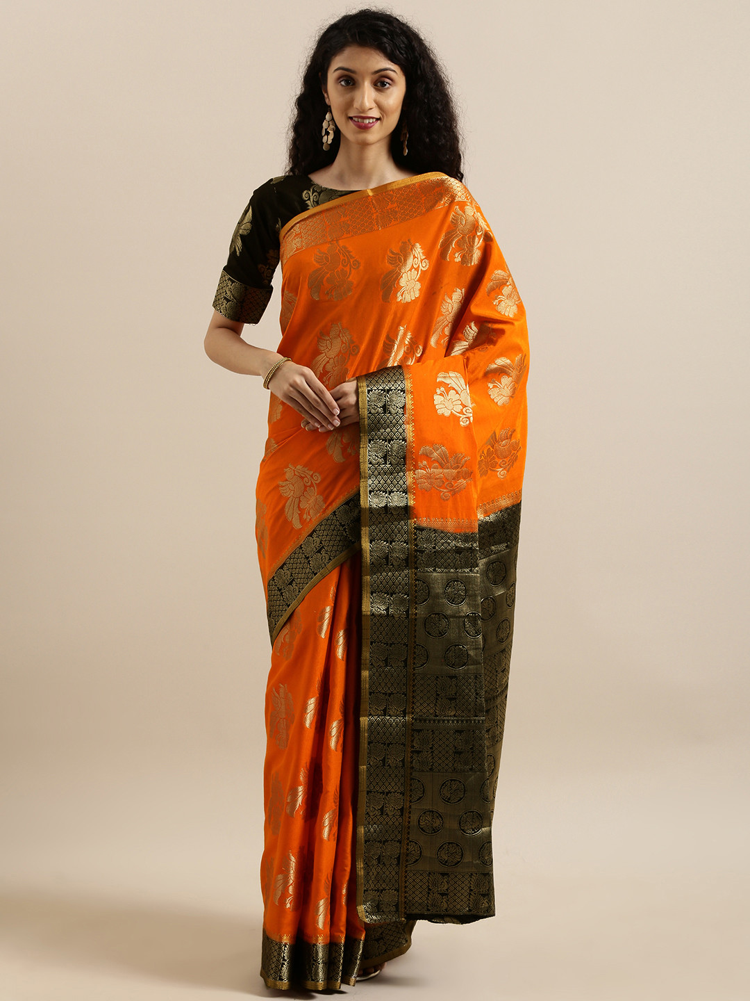 

MIMOSA Orange & Gold-Toned Art Silk Ethnic Motifs Woven Design Kanjeevaram Saree
