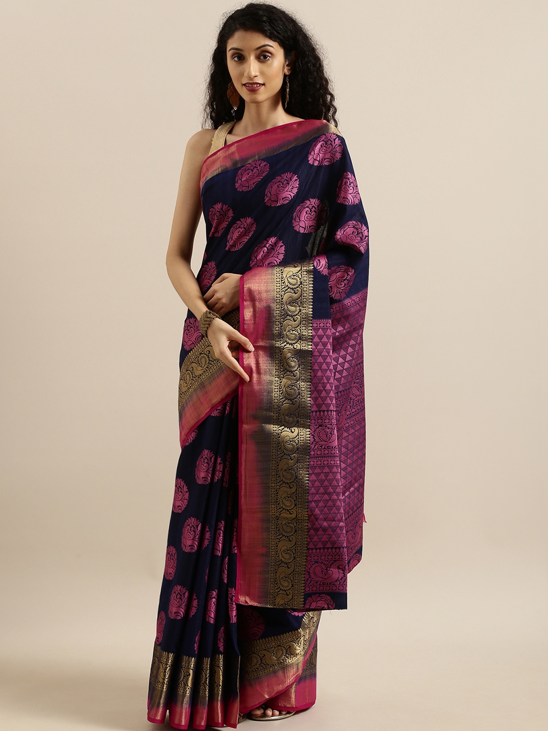 

MIMOSA Navy Blue & Purple Art Silk Woven Design Kanjeevaram Saree