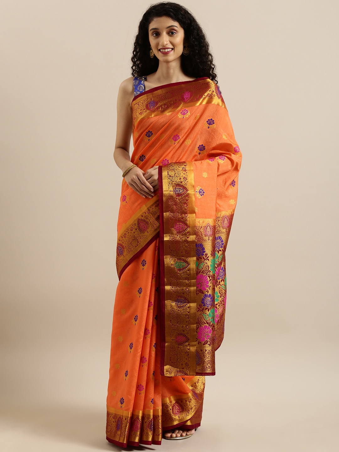 

MIMOSA Orange & Maroon Art Silk Embellished Dharmavaram Saree