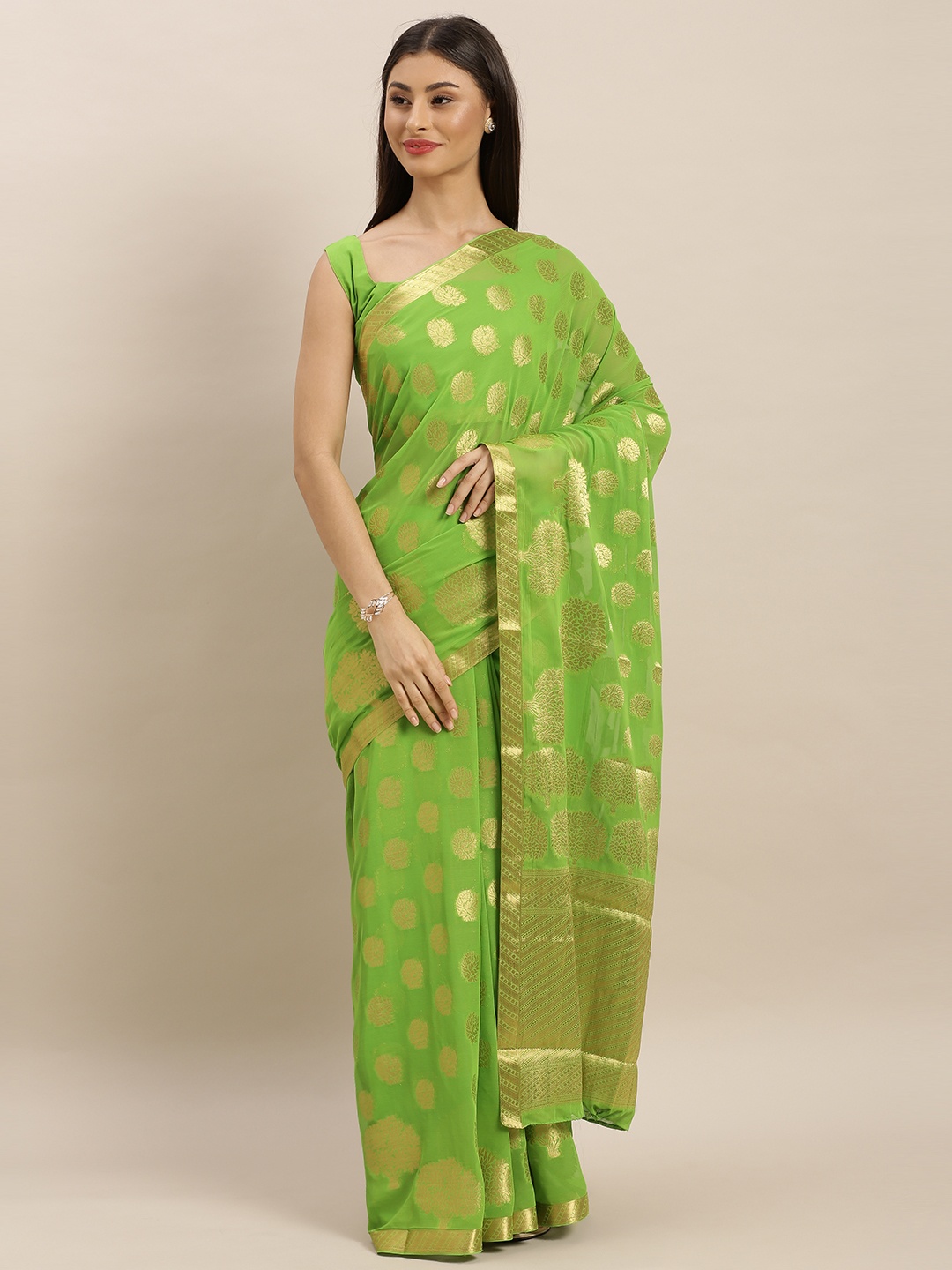 

MIMOSA Green & Gold-Toned Poly Chiffon Embellished Banarasi Saree