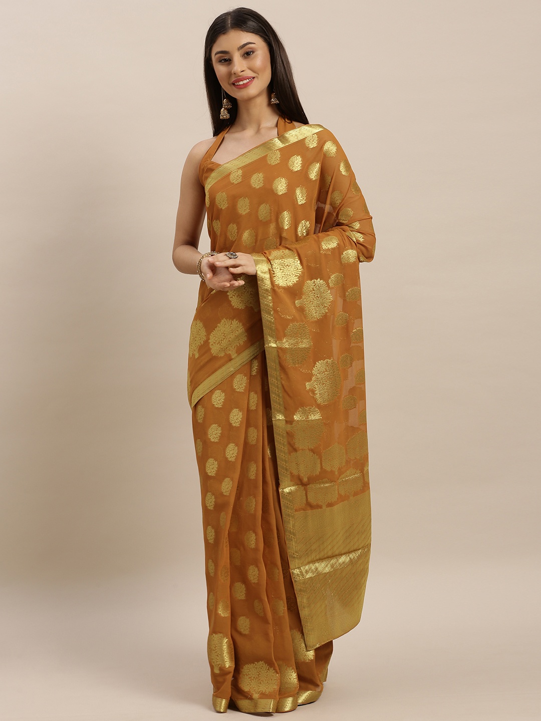 

MIMOSA Mustard Yellow & Gold-Toned Poly Chiffon Woven Design Banarasi Saree