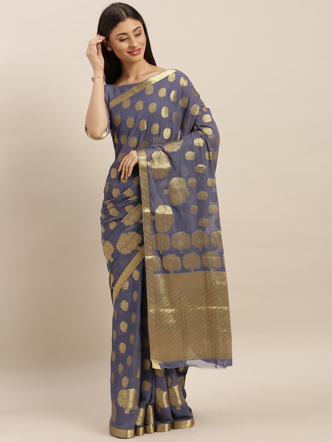

MIMOSA Violet & Gold-Toned Poly Chiffon Embellished Banarasi Saree