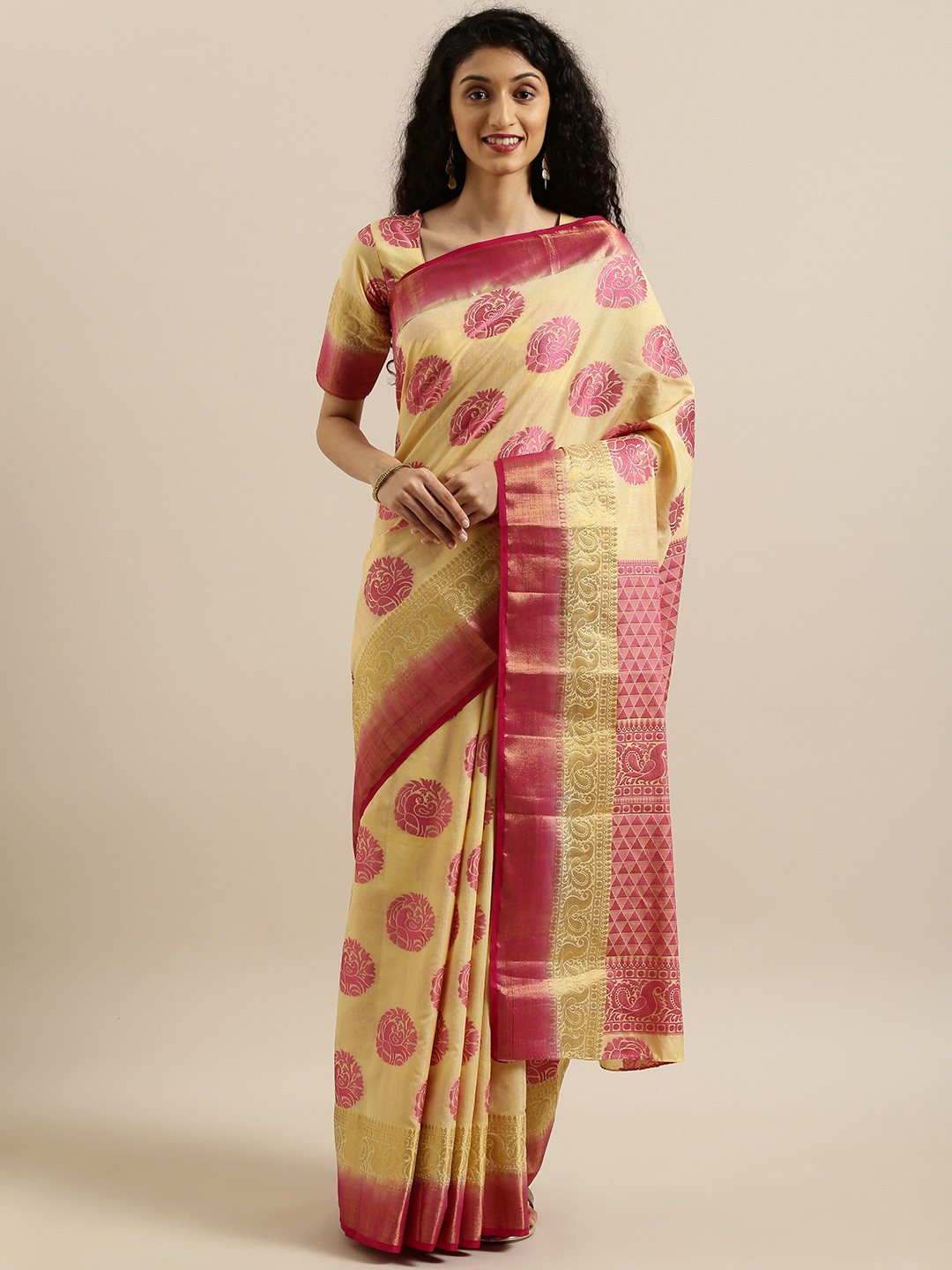 

MIMOSA Cream-Coloured & Pink Art Silk Woven Design Kanjeevaram Saree