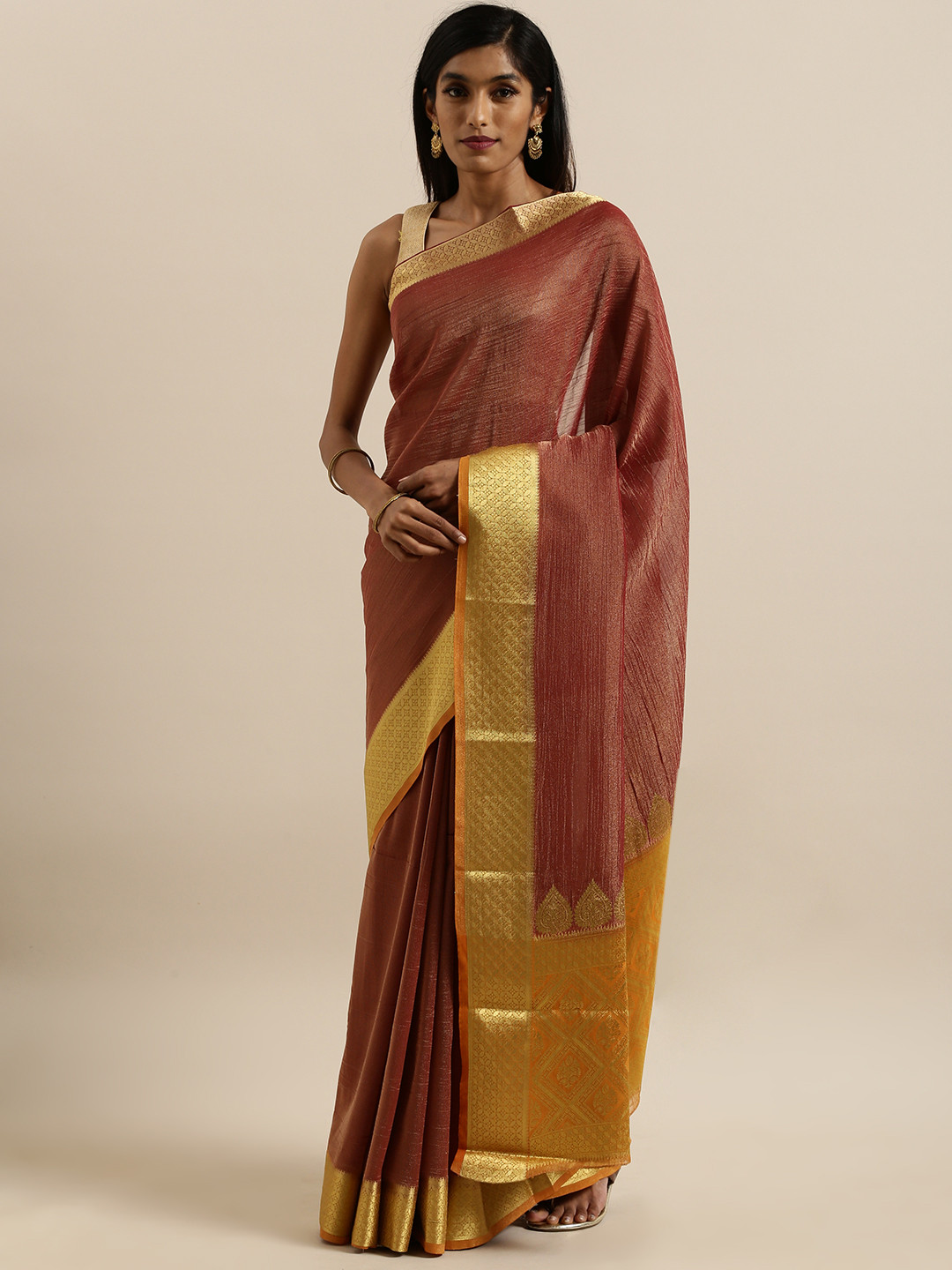 

MIMOSA Maroon & Gold-Toned Art Silk Solid Kanjeevaram Saree
