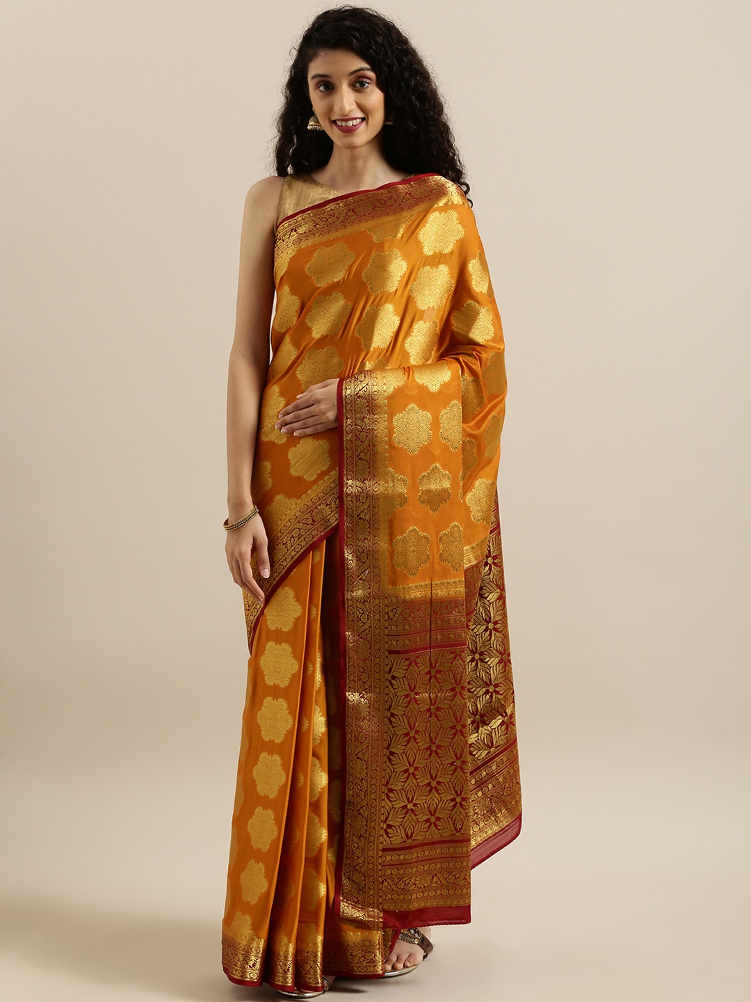 

MIMOSA Orange & Gold-Toned Poly Crepe Embellished Mysore Silk Saree