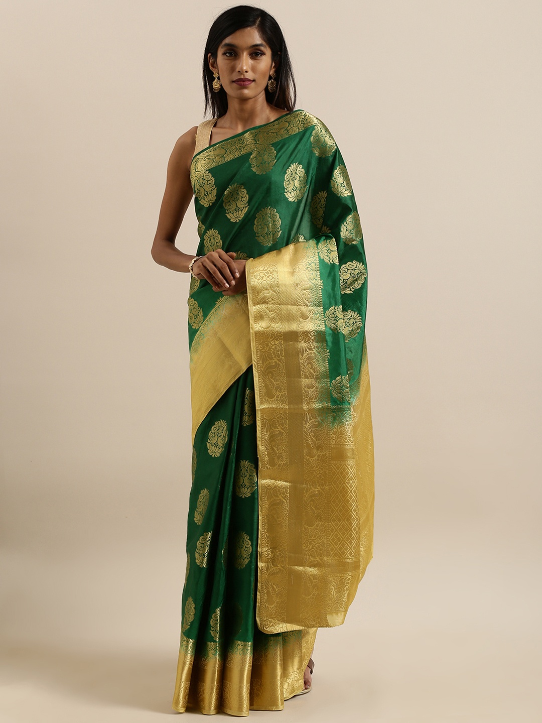 

MIMOSA Green & Gold-Toned Art Silk Embellished Kanjeevaram Saree