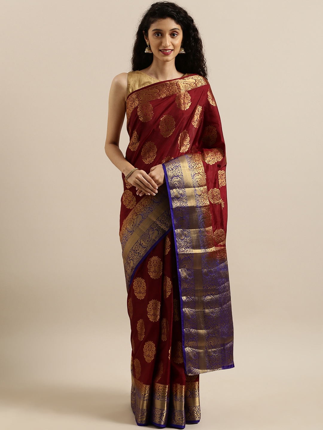

MIMOSA Maroon & Gold-Toned Art Silk Embellished Kanjeevaram Saree