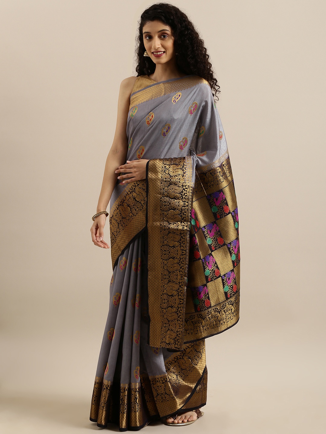

MIMOSA Grey & Gold-Toned Art Silk Embellished Dharmavaram Saree
