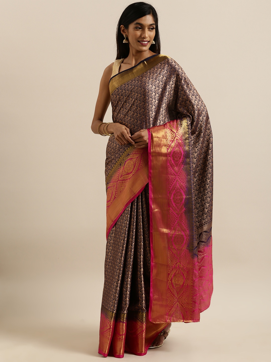

MIMOSA Navy Blue & Gold-Toned Art Silk Embellished Kanjeevaram Saree