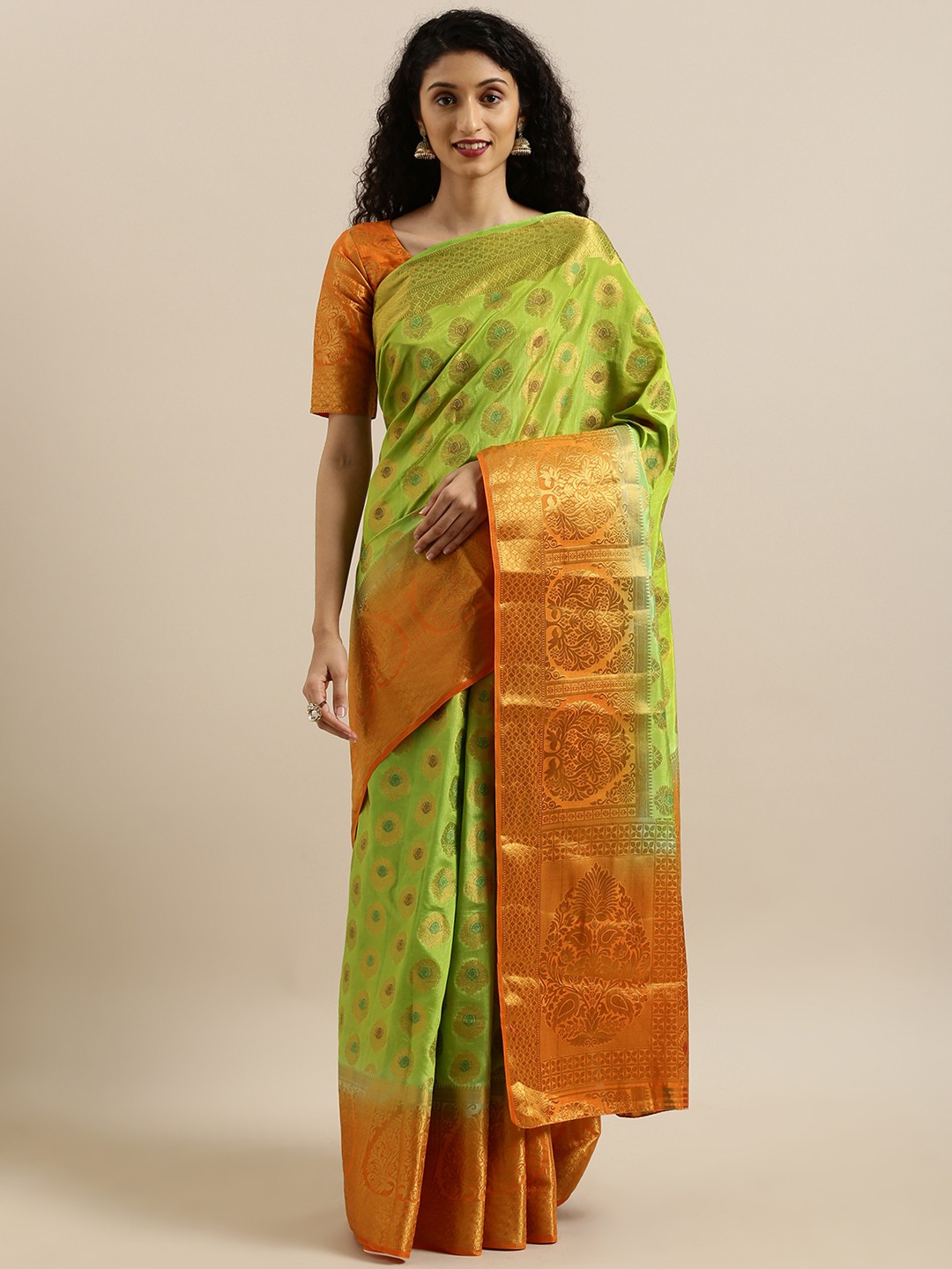 

MIMOSA Lime Green & Gold-Toned Art Silk Woven Design Kanjeevaram Saree
