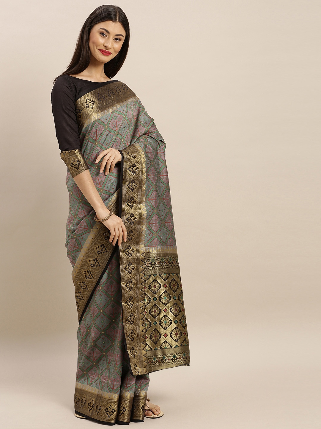 

MIMOSA Grey & Green Art Silk Checked Patola Saree