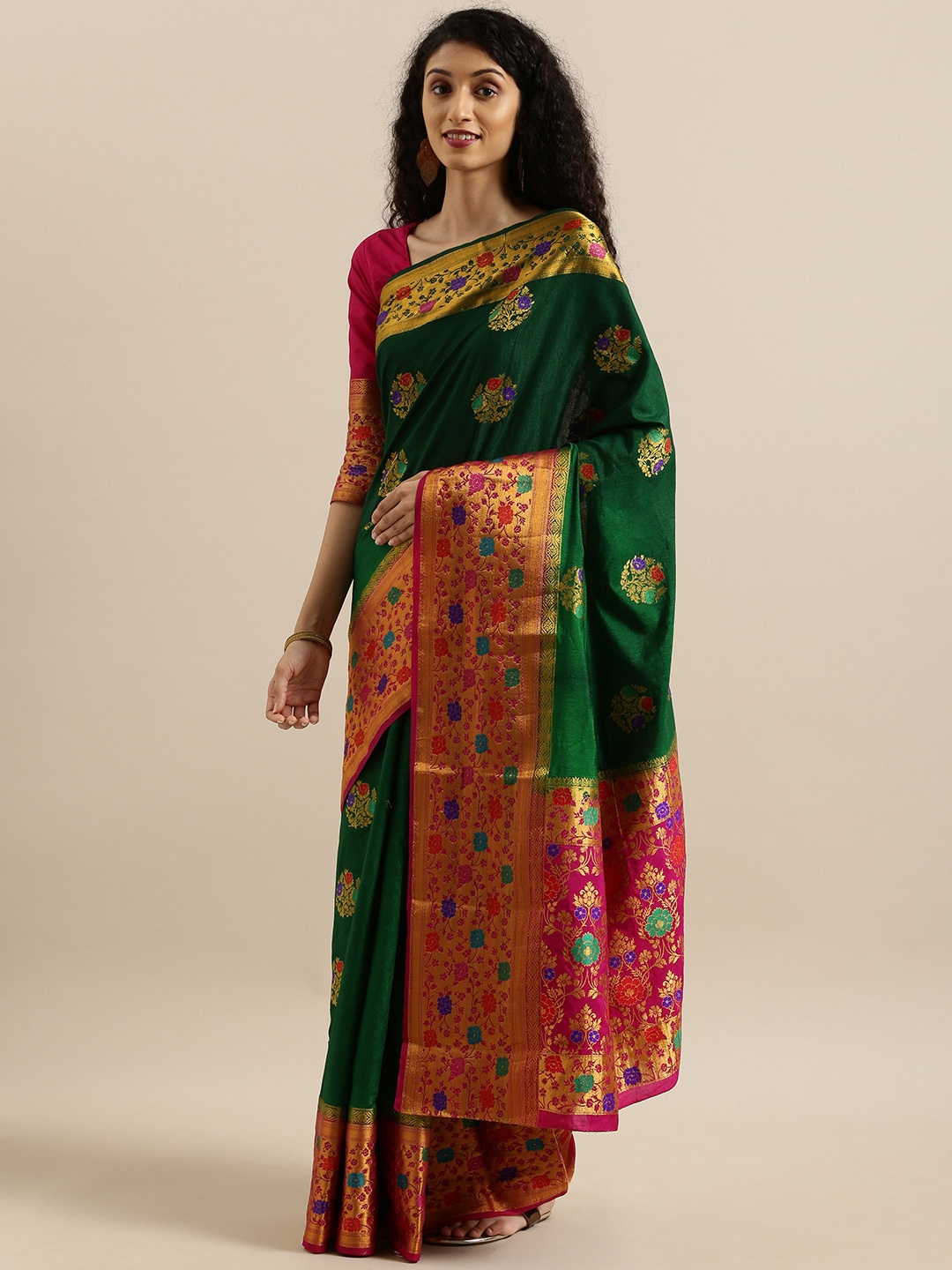 

MIMOSA Green & Gold-Toned Art Silk Embroidered Dharmavaram Saree