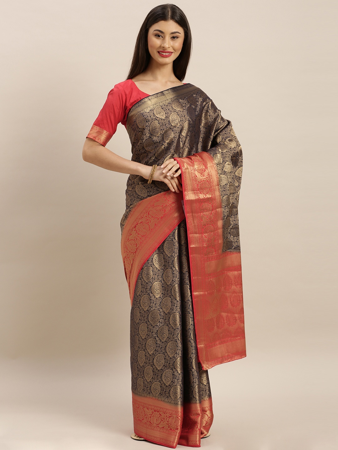 

MIMOSA Navy Blue & Gold-Toned Art Silk Woven Design Kanjeevaram Saree