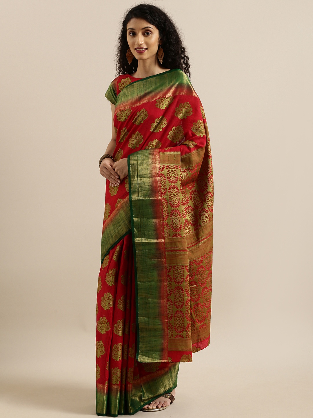 MIMOSA Red & Green Art Silk Woven Design Kanjeevaram Saree