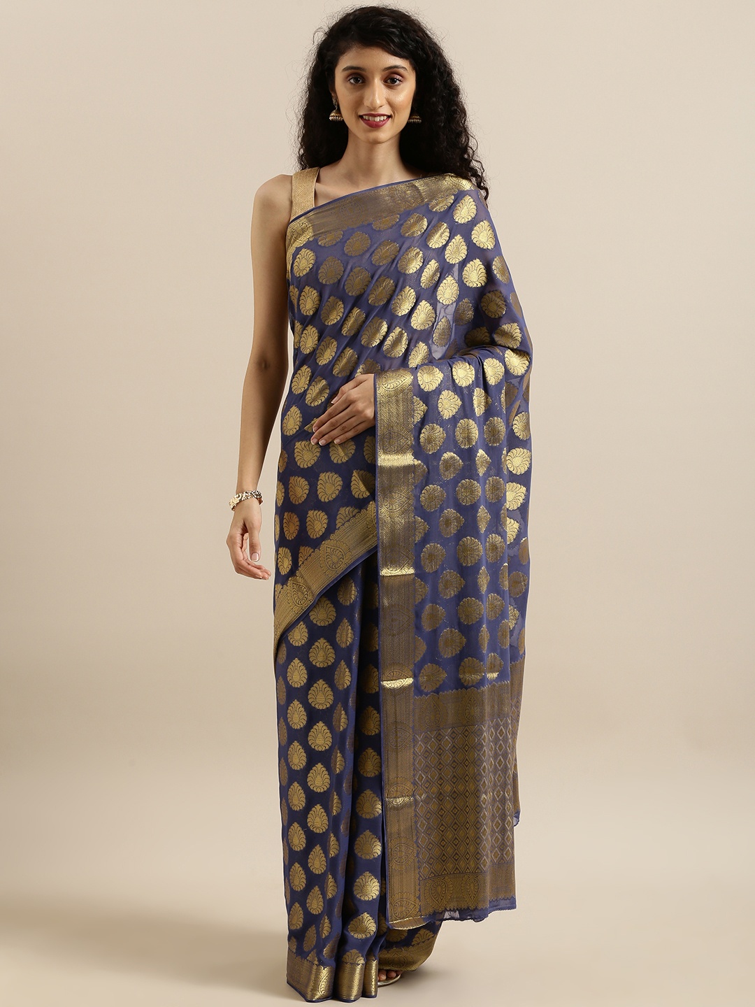 

MIMOSA Navy Blue & Gold-Toned Poly Chiffon Woven Design Banarasi Saree
