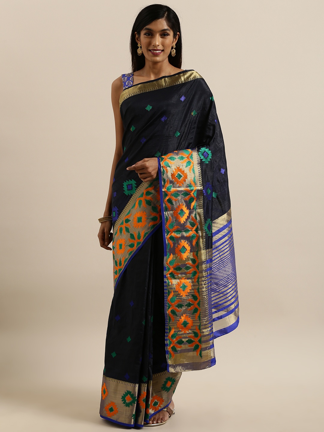 MIMOSA Black Art Silk Embroidered Kanjeevaram Saree