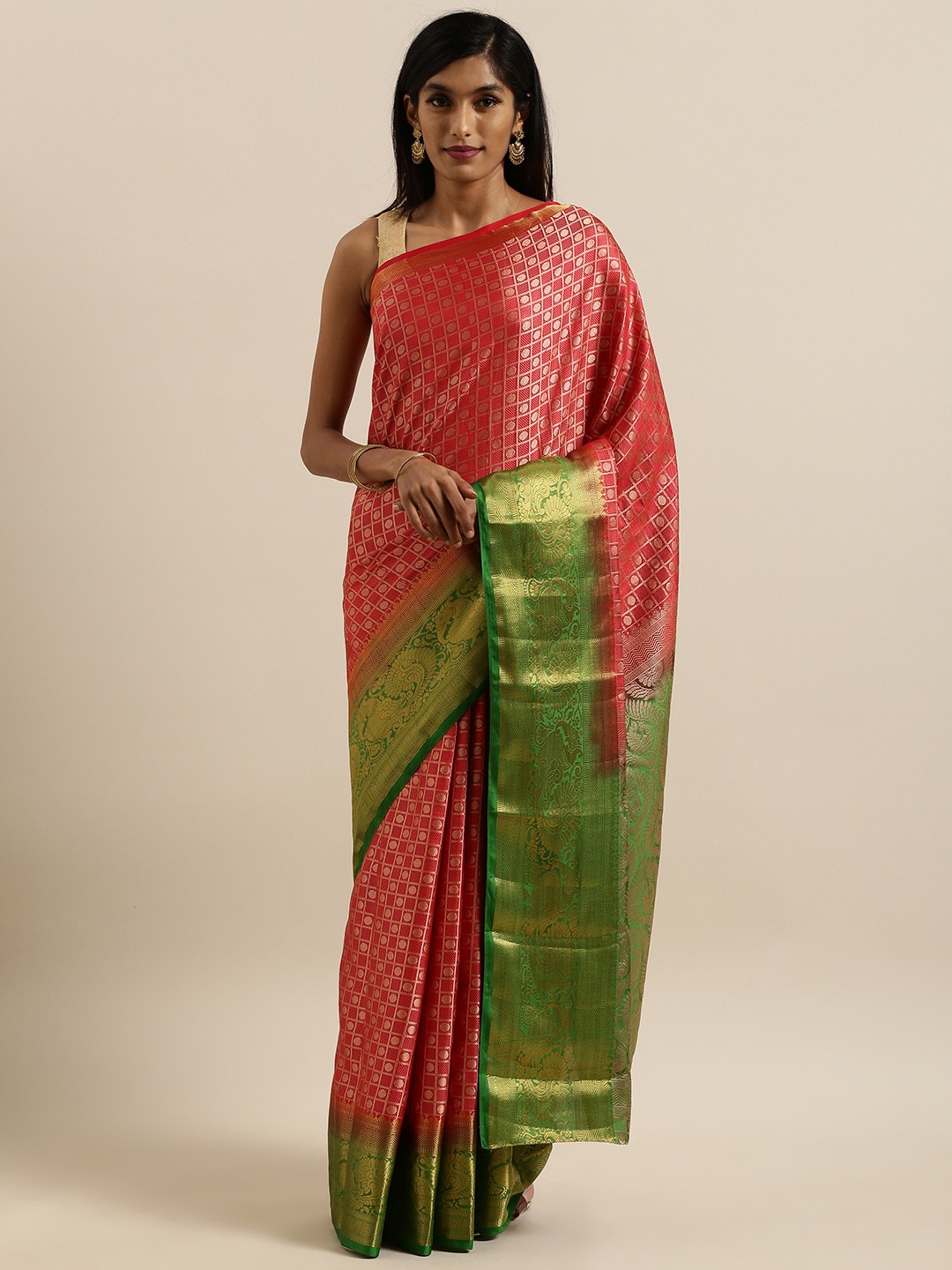 

MIMOSA Red & Green Art Silk Woven Design Kanjeevaram Saree
