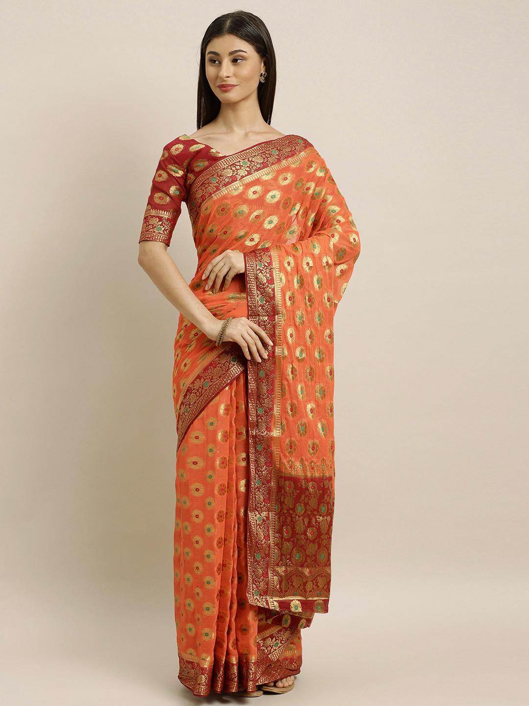 

MIMOSA Orange & Gold-Toned Poly Chiffon Woven Design Banarasi Saree