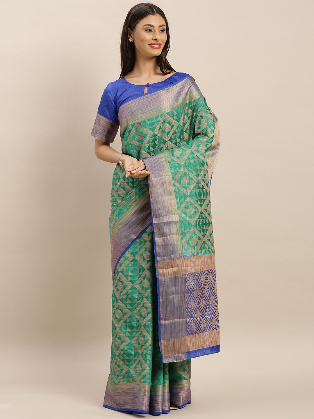 

MIMOSA Sea Green & Blue Art Silk Embellished Kanjeevaram Saree