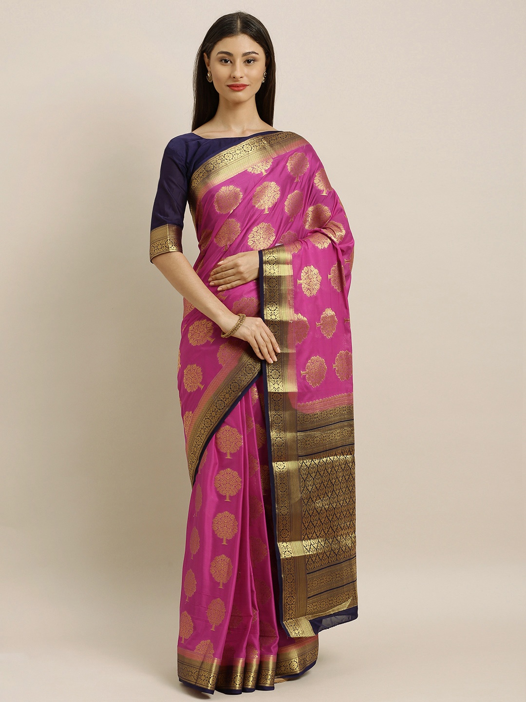 

MIMOSA Pink & Gold-Toned Poly Crepe Woven Design Mysore Silk Saree