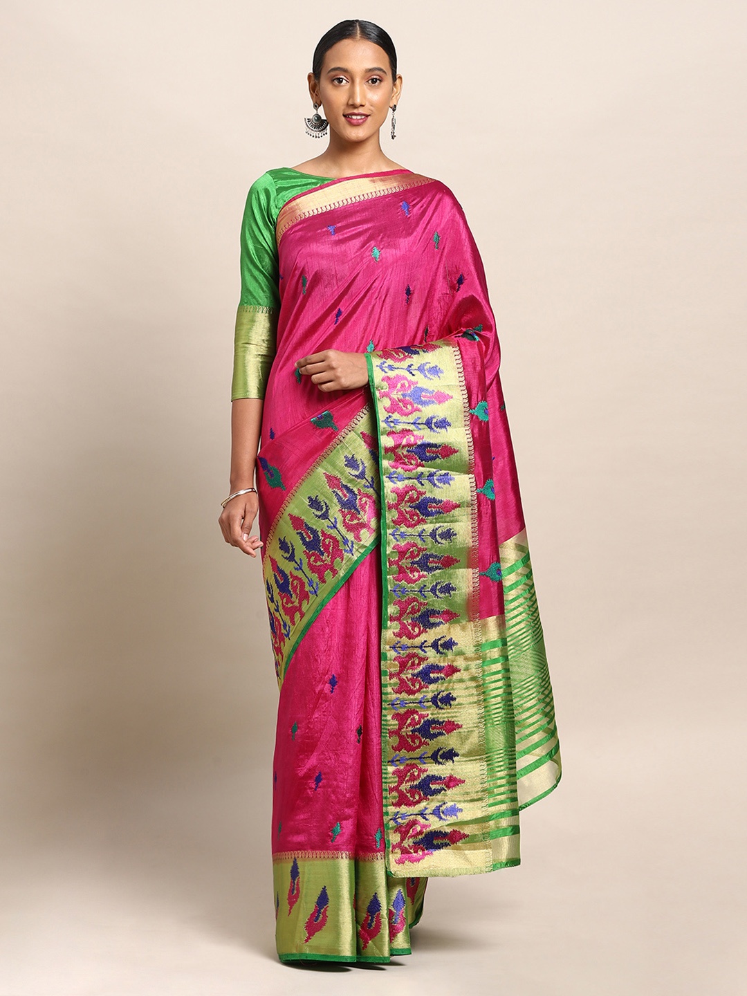 

Mitera Pink & Green Art Silk Woven Design Kanjeevaram Saree