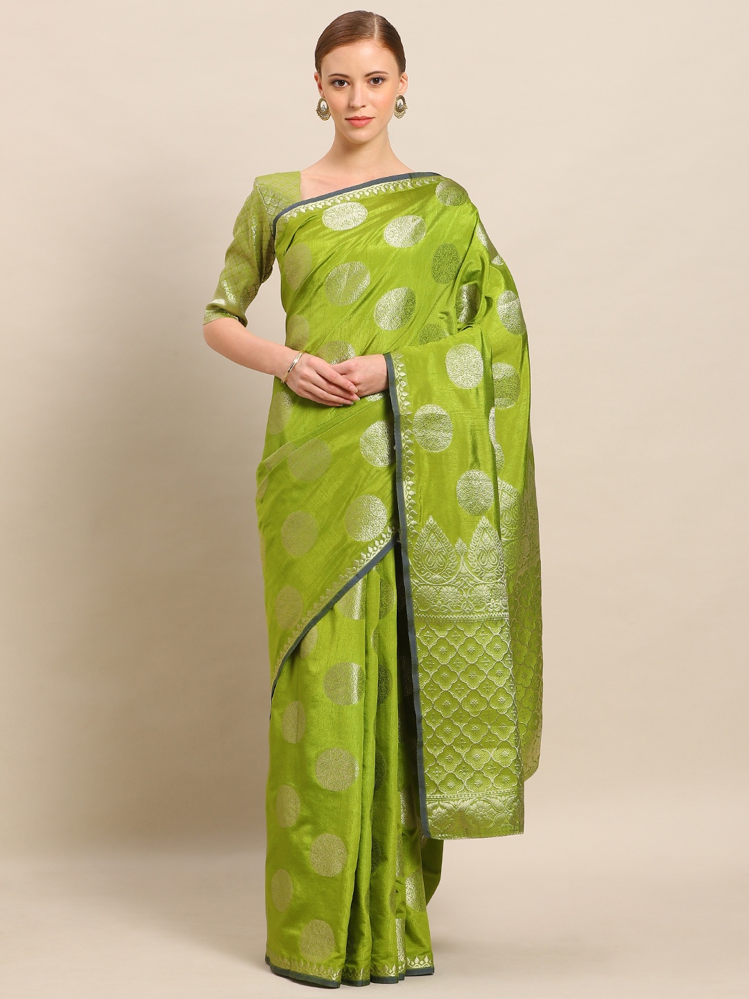 

Mitera Lime Green Art Silk Embellished Kanjeevaram Saree