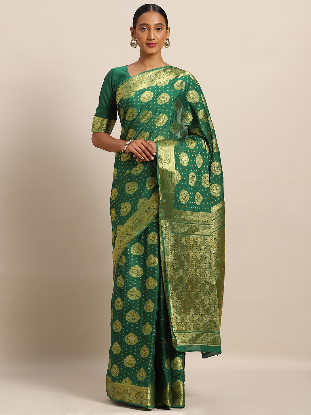

Mitera Green & Gold-Toned Poly Crepe Woven Design Mysore Silk Saree