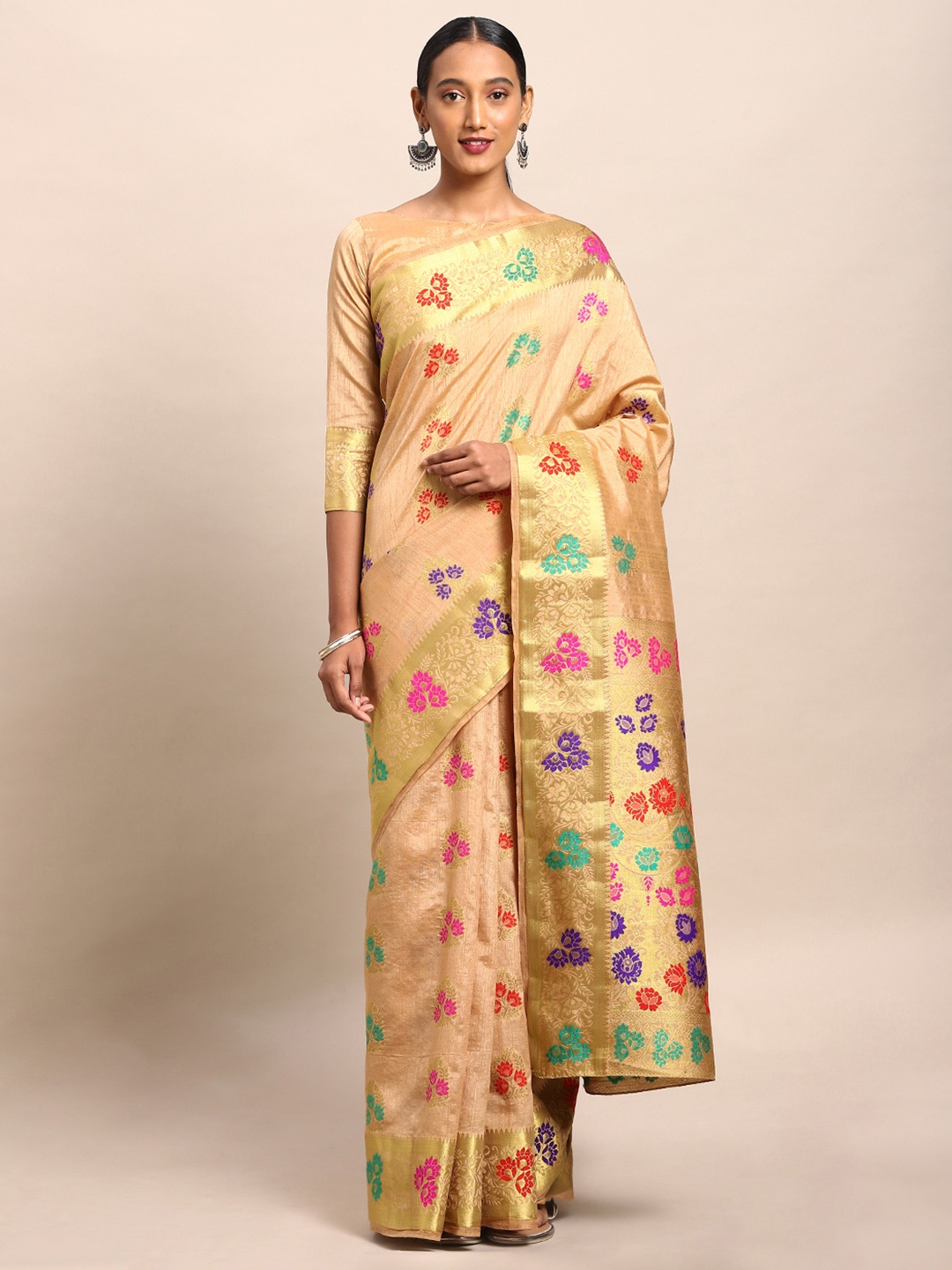 

Mitera Beige & Pink Art Silk Woven Design Dharmavaram Saree