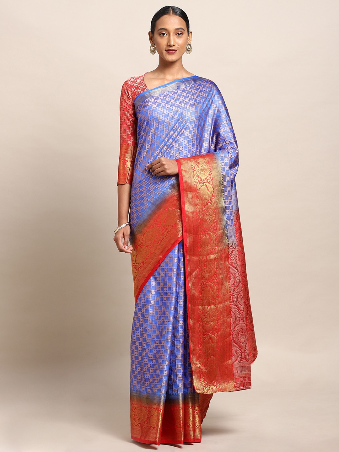 

Mitera Blue & Gold-Toned Art Silk Woven Design Kanjeevaram Saree