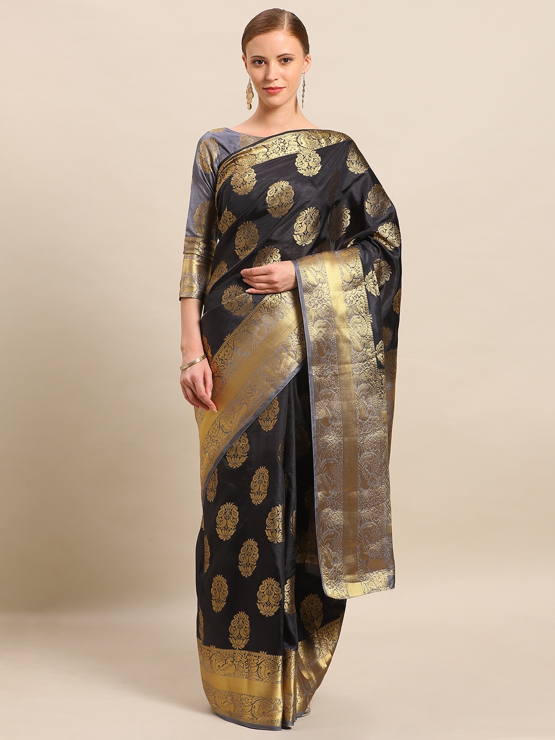 

Mitera Charcoal & Gold-Toned Art Silk Woven Design Kanjeevaram Saree