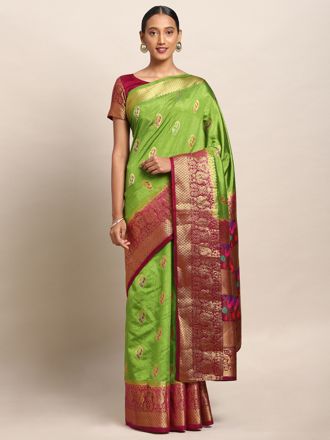 

Mitera Olive Green & Maroon Art Silk Woven Design Dharmavaram Saree