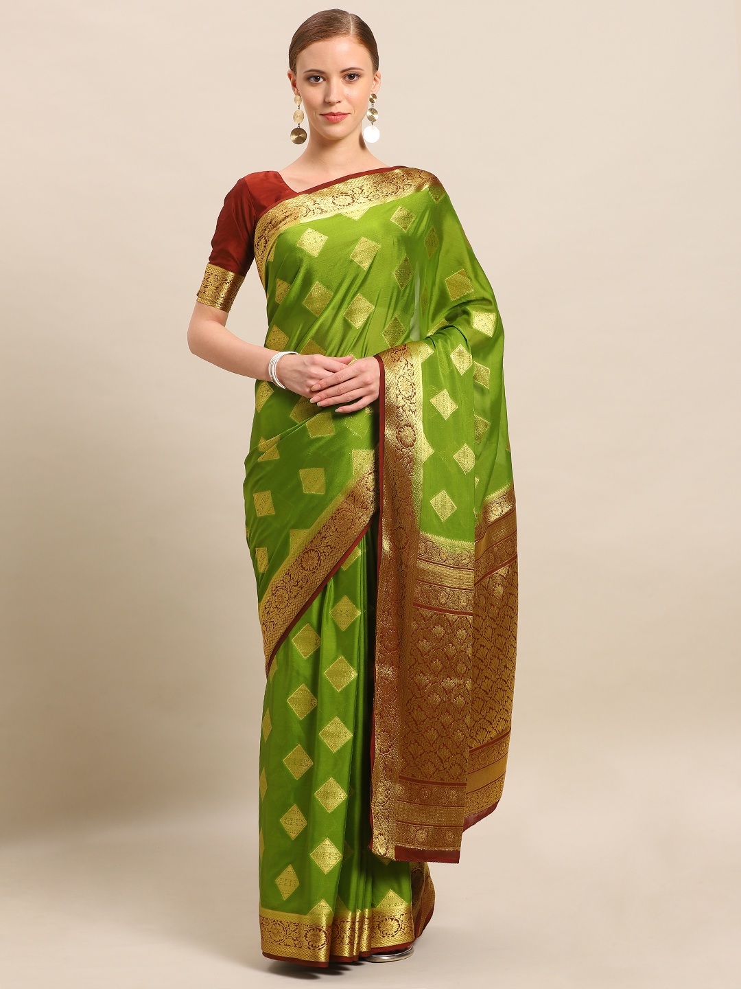 Mitera Green & Gold-Toned Poly Crepe Woven Design Mysore Silk Saree