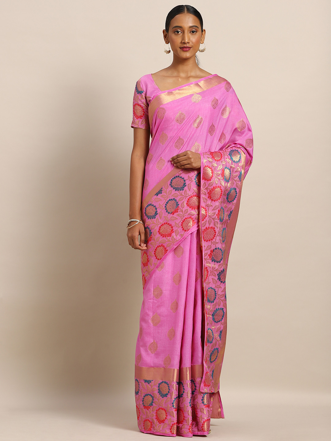 

Mitera Pink & Gold-Toned Art Silk Woven Design Kanjeevaram Saree