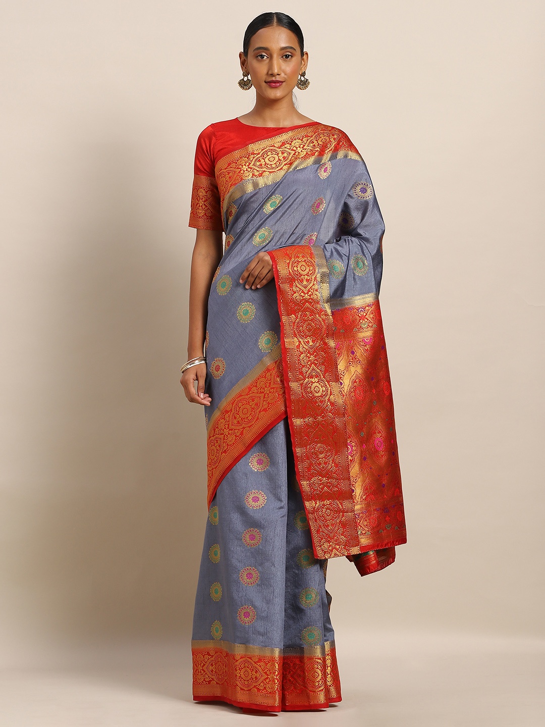 

Mitera Grey & Gold-Toned Art Silk Woven Design Dharmavaram Saree