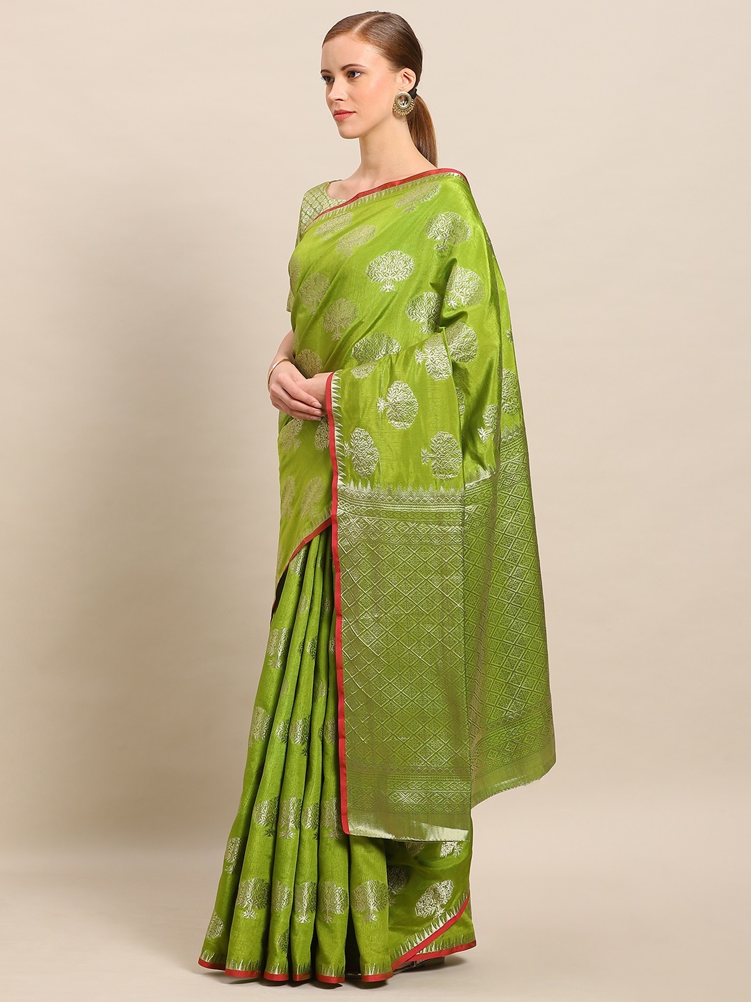 

Mitera Lime Green & Beige Art Silk Embellished Kanjeevaram Saree