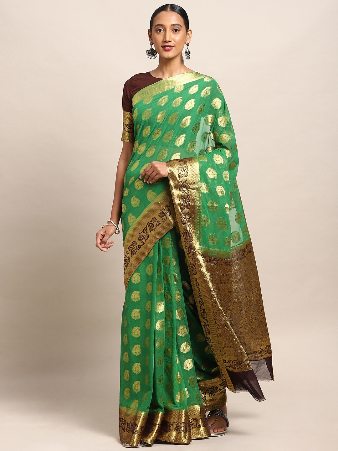 

Mitera Green & Golden Poly Chiffon Woven Design Banarasi Saree