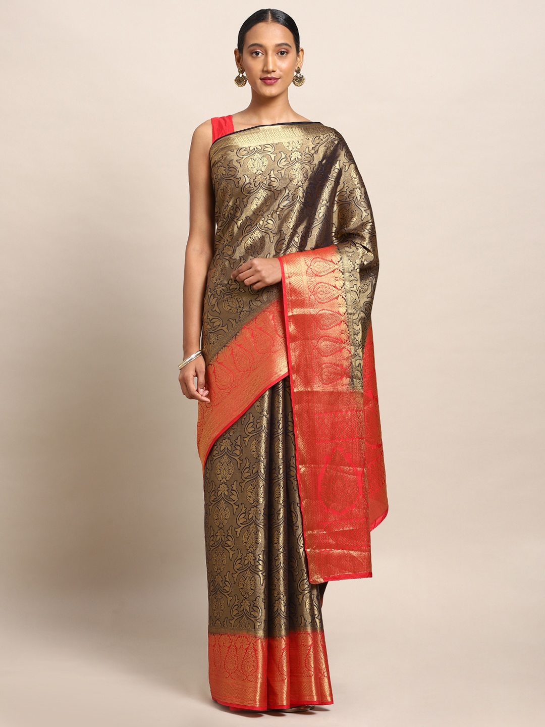 

Mitera Gold-Toned & Orange Art Silk Woven Design Kanjeevaram Saree