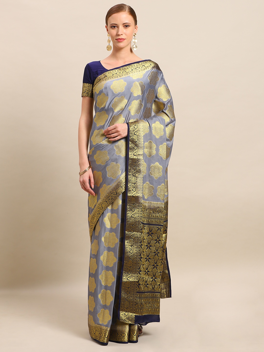 

Mitera Grey & Gold-Toned Poly Crepe Woven Design Mysore Silk Saree