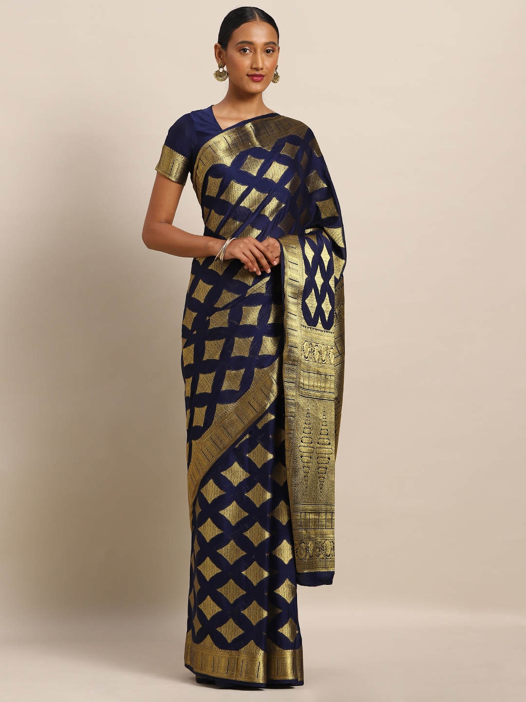 

Mitera Navy Blue & Gold-Toned Poly Crepe Woven Design Mysore Silk Saree